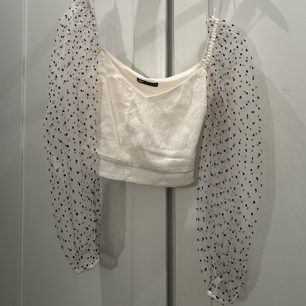 Zara White Long Sleeve Embellished Crop Blouse